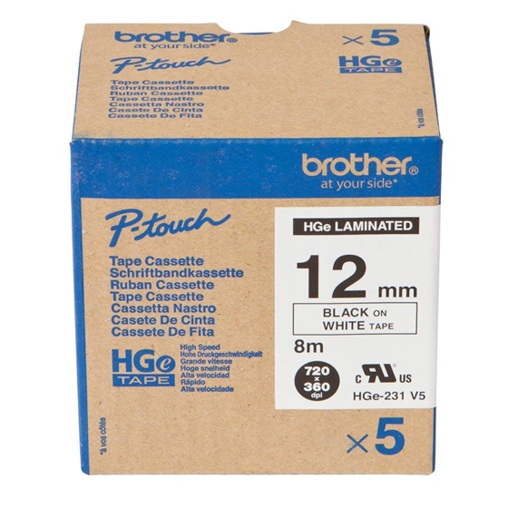 Brother HGE231V5 P-Touch 5x Schriftbandkassette 12mmx8m weiss schwarz laminiert