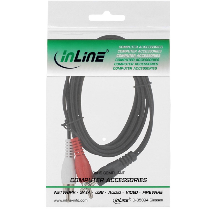InLine Cinch/Klinke Kabel, 2x Cinch Stecker an 3,5mm Klinke Stecker, 2m