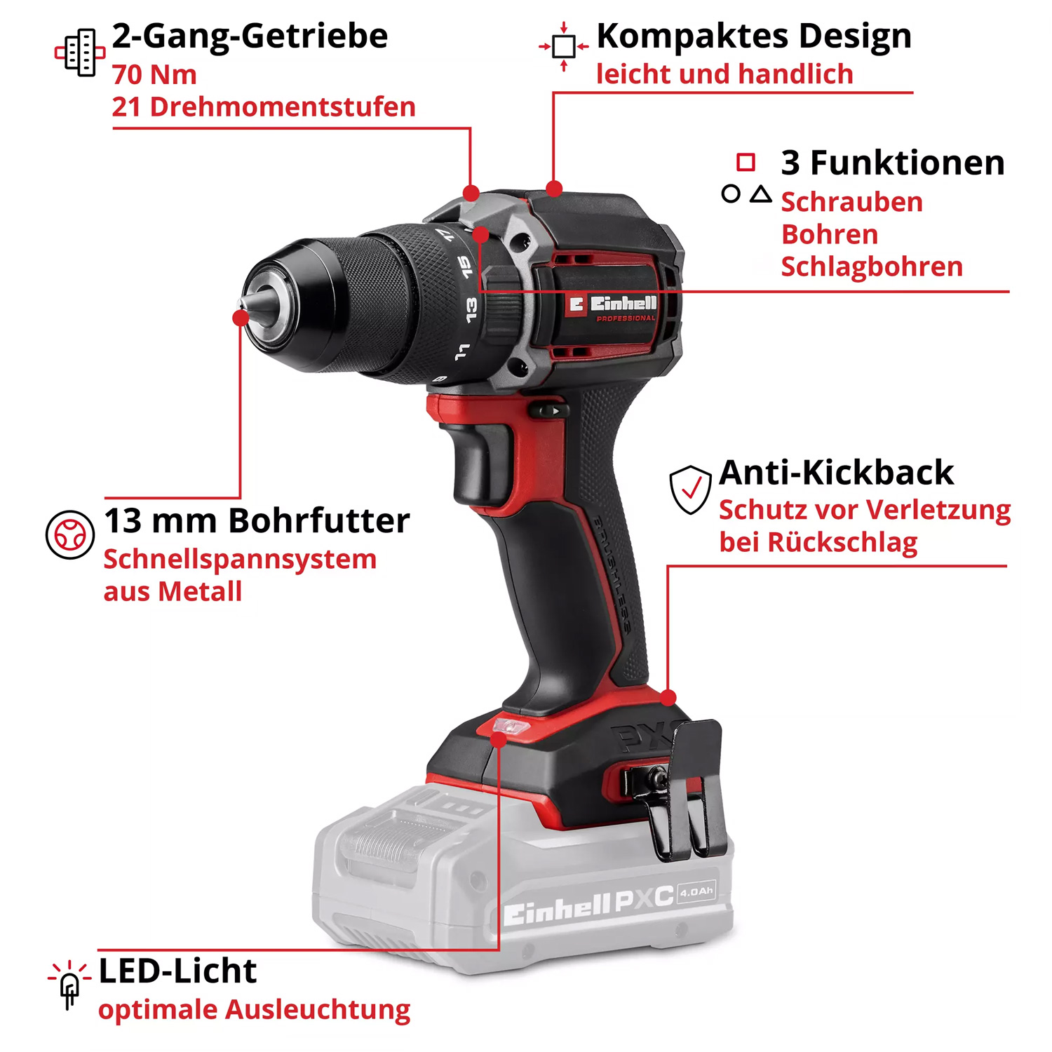 Einhell Professional TP-CD 18/70-C Li-i BL-Solo Akku-Schlagbohrschrauber
