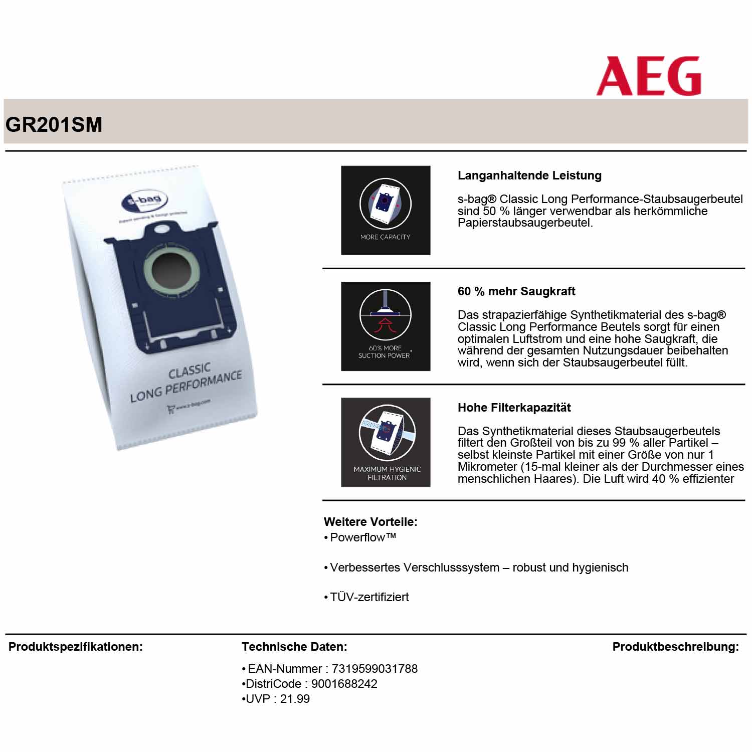 AEG GR201SM s-bag Staubbeutel Classic Long Performance MegaPack