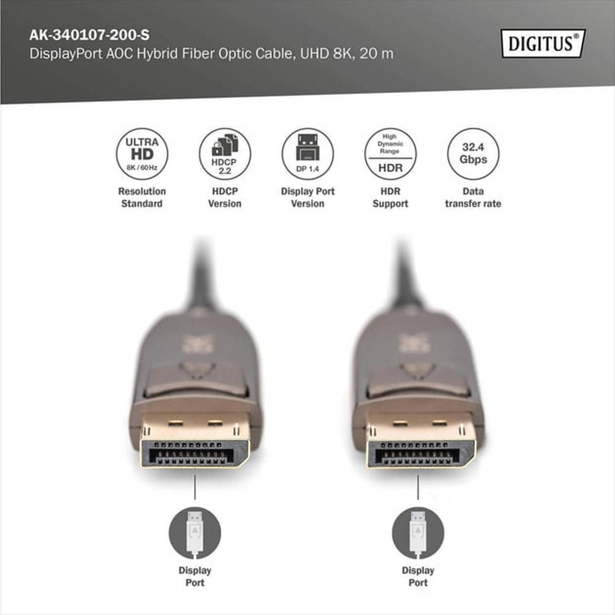 DIGITUS DisplayPort AOC Hybrid Glasfaserkabel 8K 20m