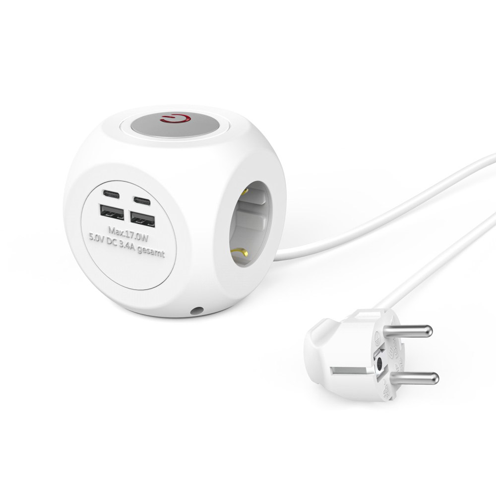 Hama Steckdosenwürfel, 3-fach, USB-C/A, 17 W, mit Schalter, 1,4 m, Weiß