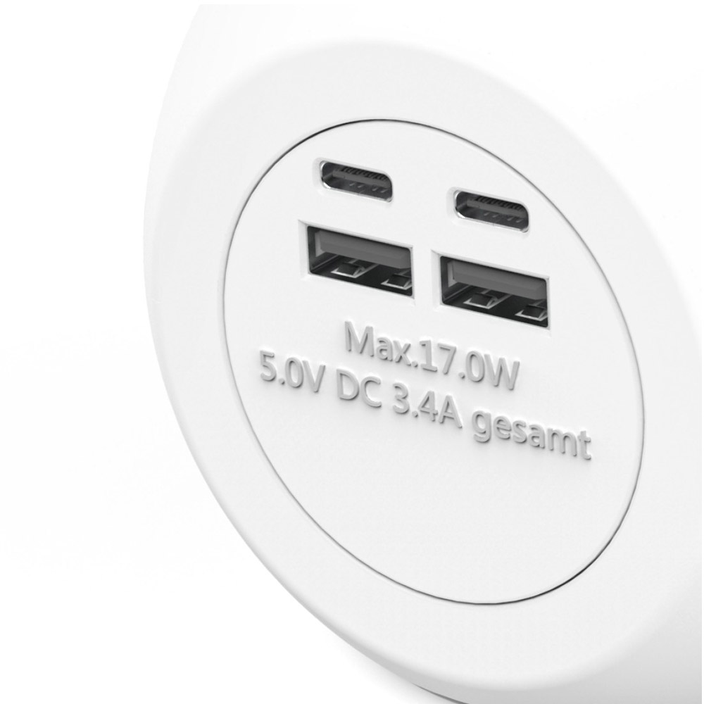 Hama Steckdosenwürfel, 3-fach, USB-C/A, 17 W, mit Schalter, 1,4 m, Weiß
