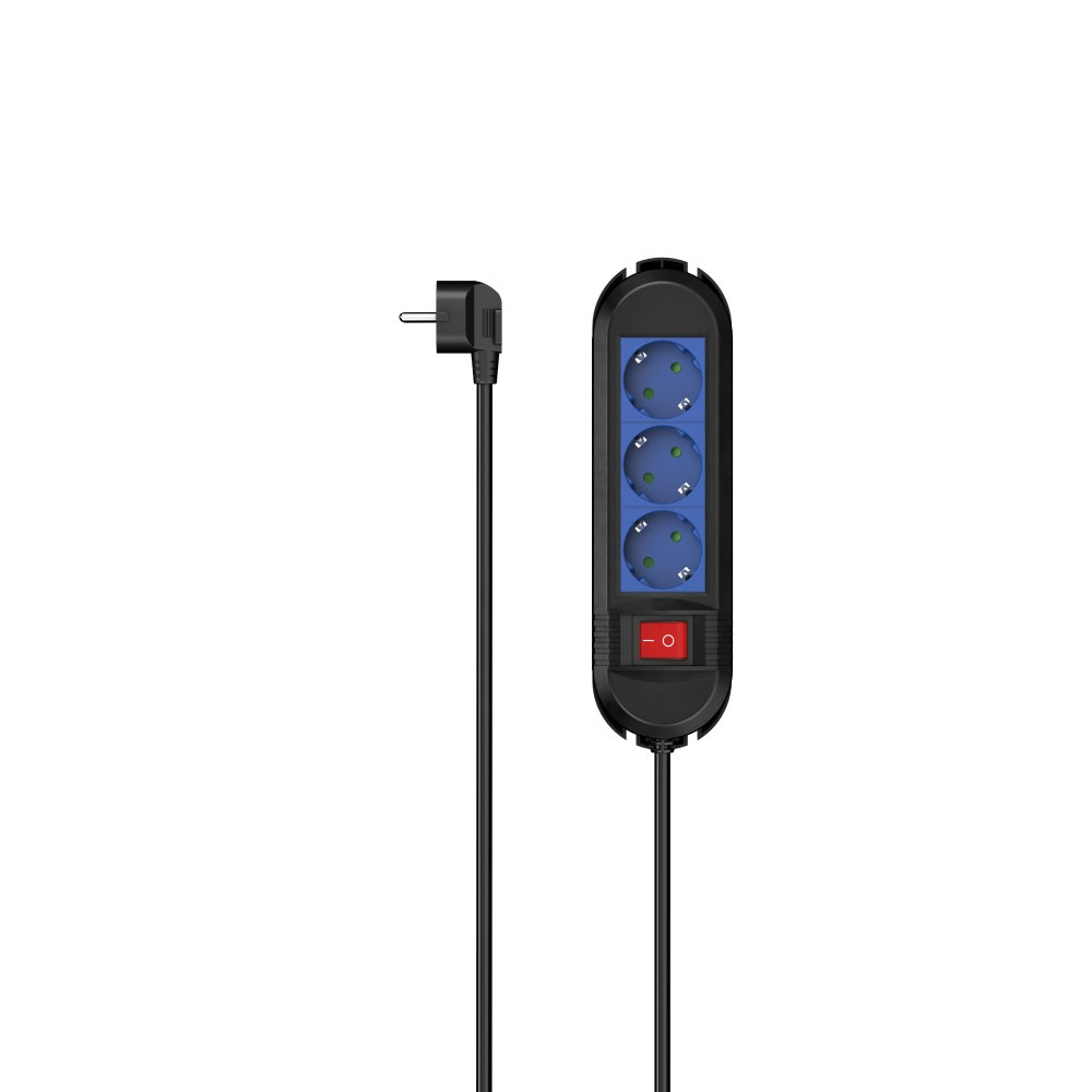 Hama Steckdosenleiste, 3-fach, Schalter, Wandmontage, 1,5 m, Schwarz/Blau