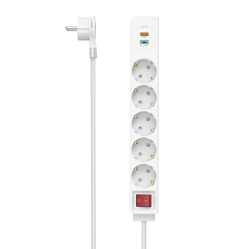 Hama Steckdosenleiste, 5-fach, USB-C/A 18W, PD/FC, Schalter, Flachst., 1,4 m, Weiß