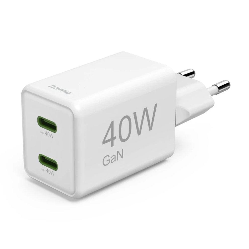 Hama Schnellladegerät, GaN, 2x USB-C, Super-Mini-Ladegerät, PD, 40 W, Weiß
