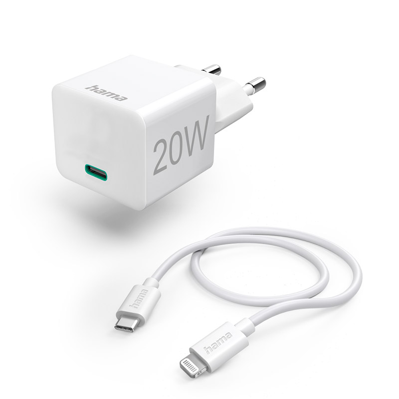 Hama Schnellladegerät mit Ladekabel Lightning, Mini-Ladegerät, PD, 20W, 1m, Weiß