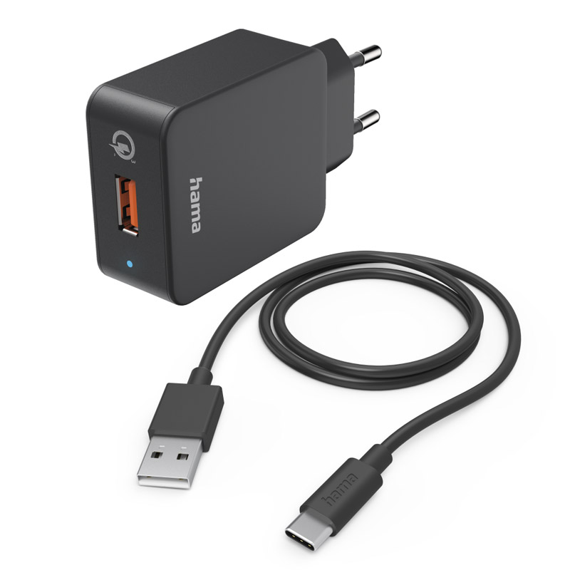 Hama Schnellladegerät mit Ladekabel USB-C, Qualcomm®, 19,5 W, 1,5 m, Schwarz