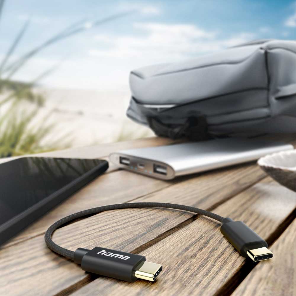 Hama Ladekabel, USB-C - USB-C, 0,2 m, Nylon, Schwarz