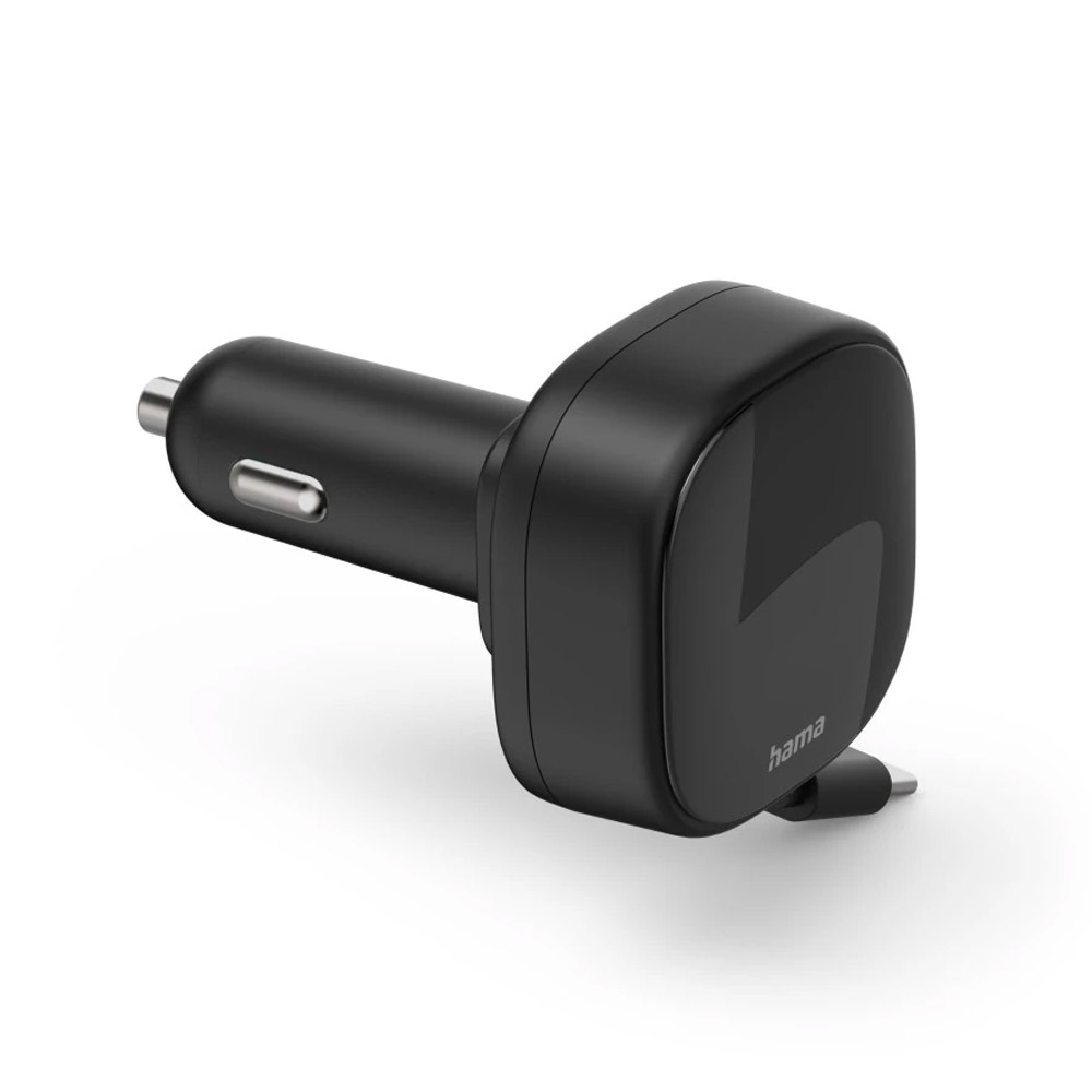 Hama Auto-Schnellladegerät, 2x USB-C, ausziehbares Ladekabel, PD, 30 Watt, schwarz