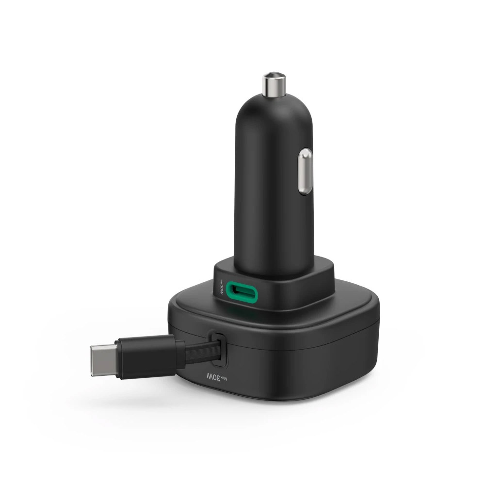 Hama Auto-Schnellladegerät, 2x USB-C, ausziehbares Ladekabel, PD, 30 Watt, schwarz