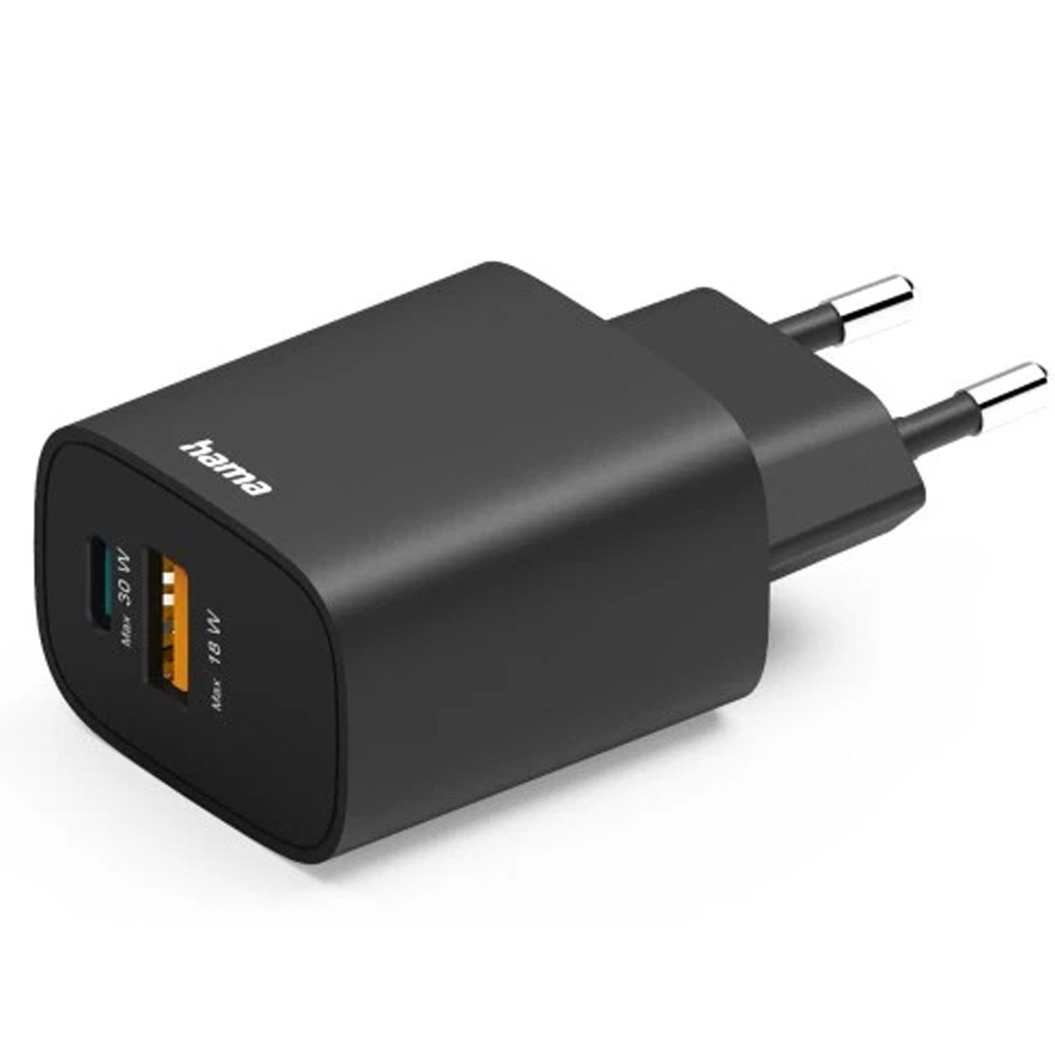 Hama Schnellladegerät, 1× USB-A, 1× USB-C, PD, 30 W, Schwarz