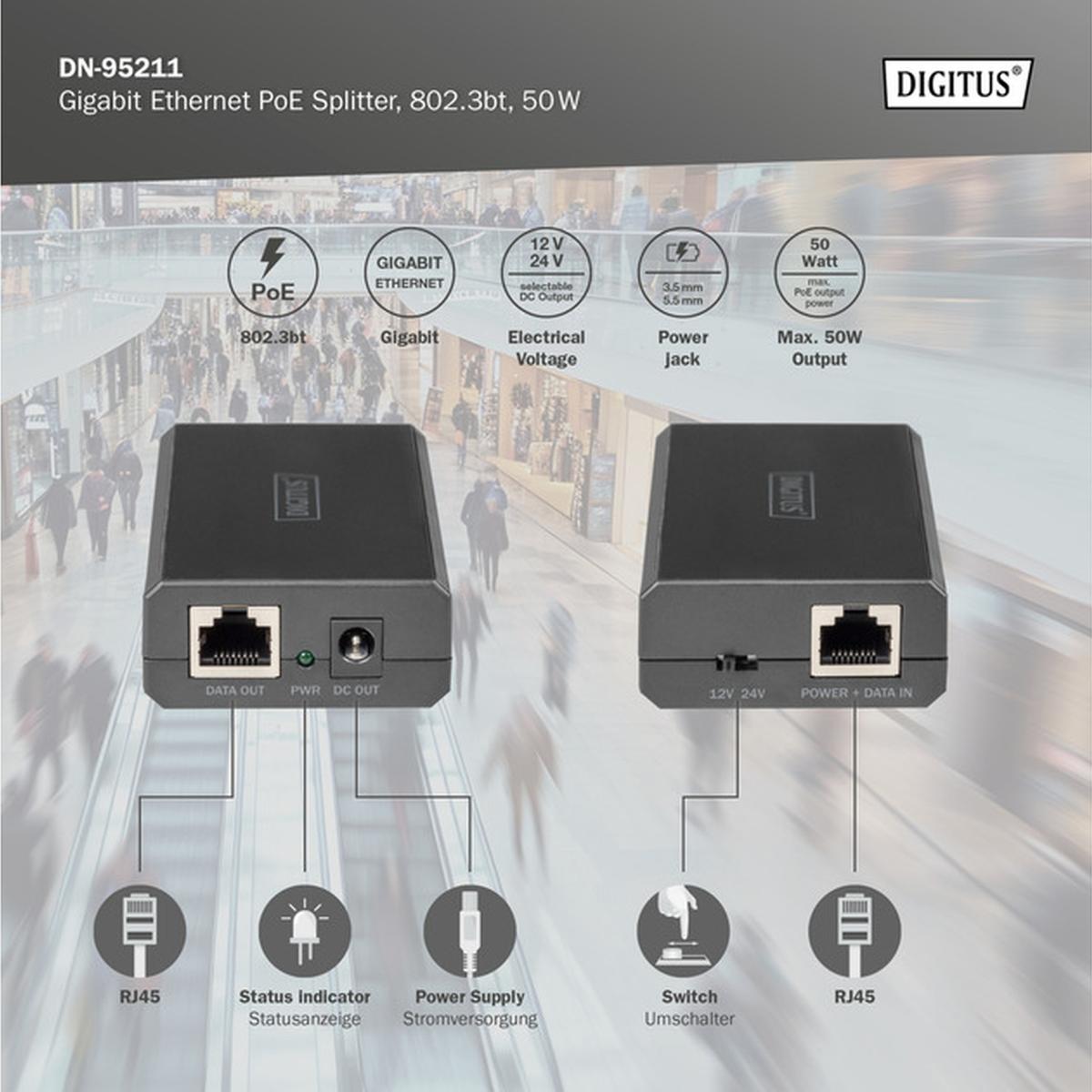 DIGITUS Gigabit Ethernet PoE++ Splitter 802.3bt 51W