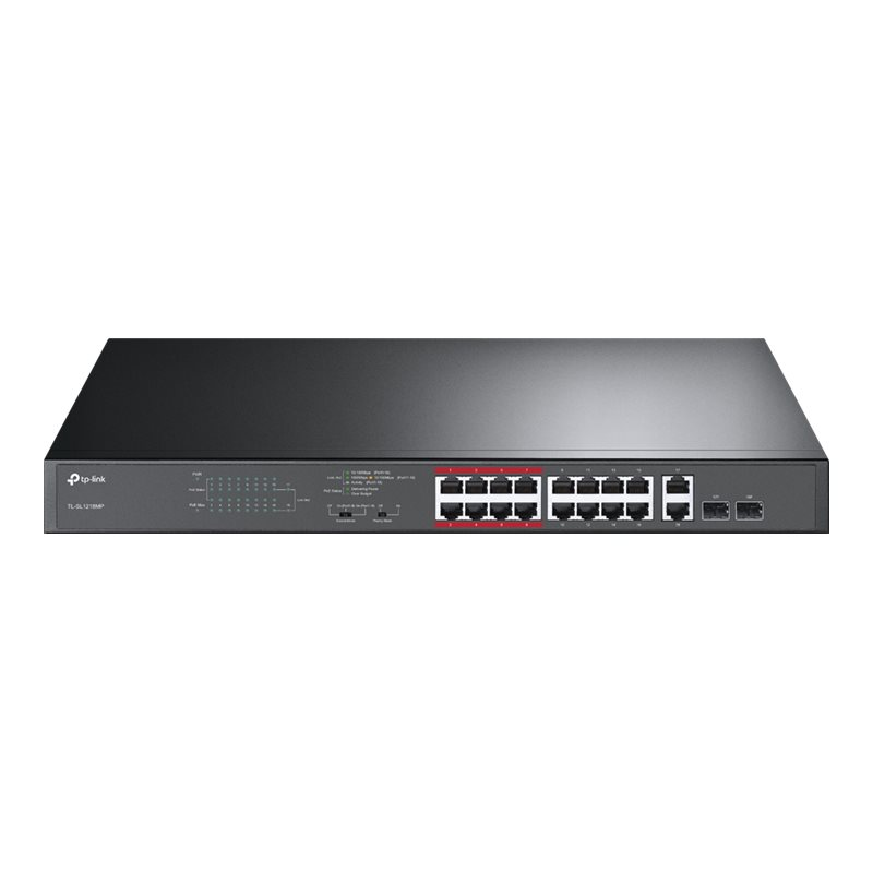 TP-Link TL-SL1218MP 16-Port Fast Ethernet Rackmount PoE+ Switch mit 2 Gigabit Ports Schwarz v2.0