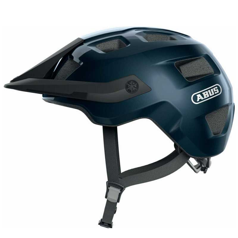 ABUS MTB robuster Fahrradhelm mit höhenverstellbarem Visier für Mountainbiker blau glänzend L