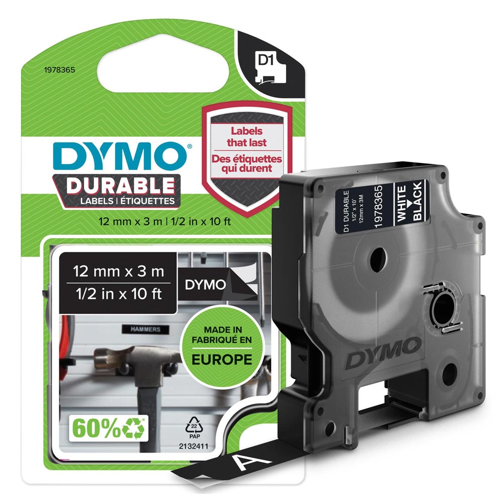 DYMO D1 Hochleistungs-Etikettenband 12mm weiß auf schwarz