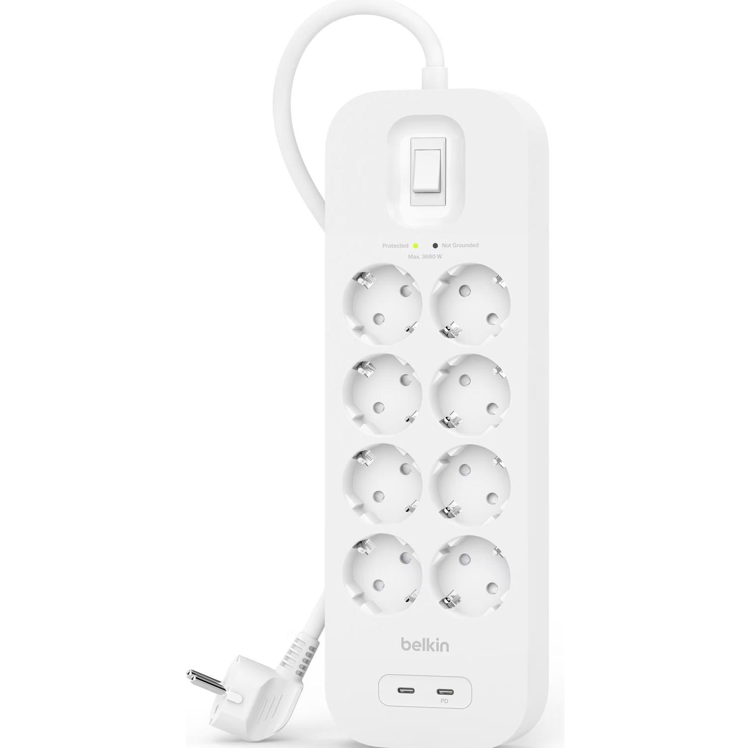 Belkin 8-Fach Steckdosenleiste mit Überspannungsschutz 900 Joule Wandmontage 2-USB-C