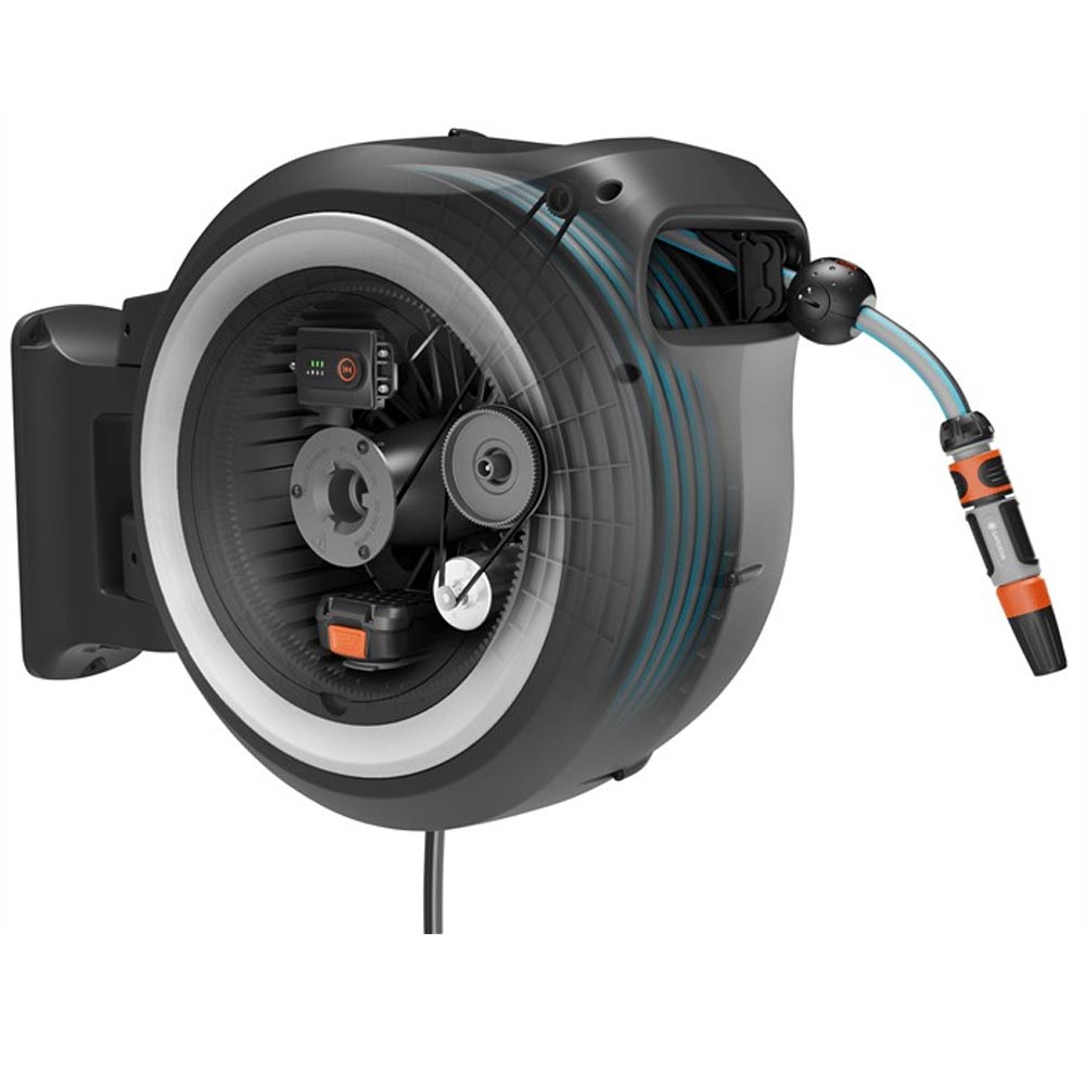 GARDENA 18647-20 Akku-Wand-Schlauchbox PowerRoll XXL 18V P4A Ready-To-Use Set (weiß) 40 m