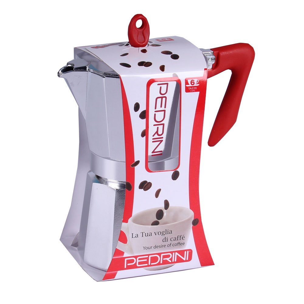 Pedrini polished Aluminum Coffee Maker 6 Tassen silber/rot