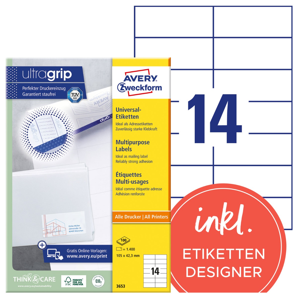 Avery Zweckform, Labels Avery 105 x 42,3mm, A4 (3653)