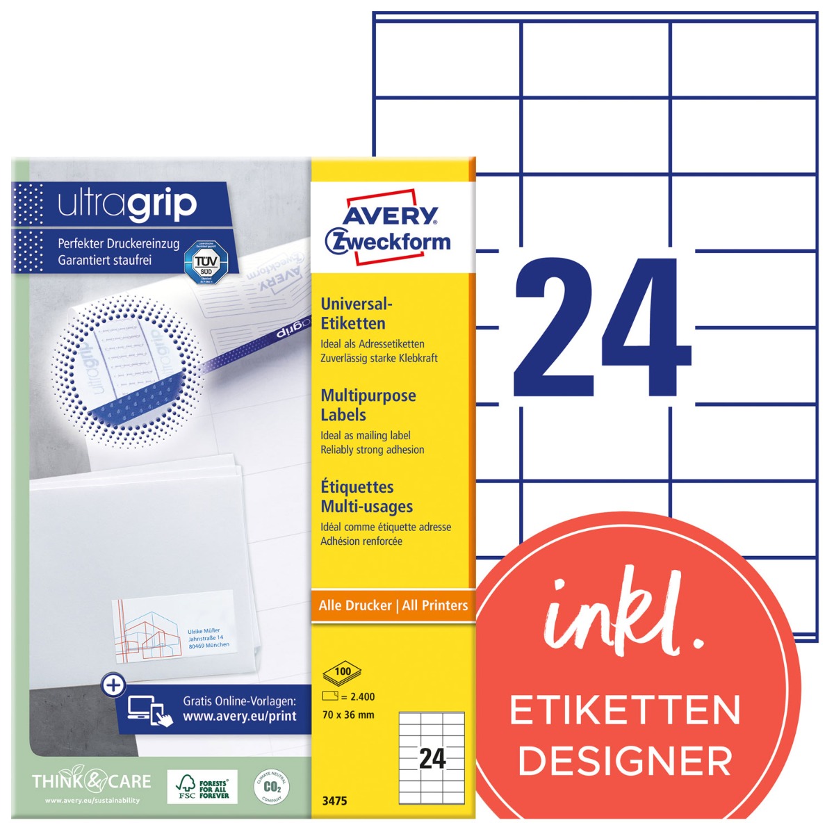 Avery Zweckform, Labels Avery 70 x 36mm, A4 (3475)