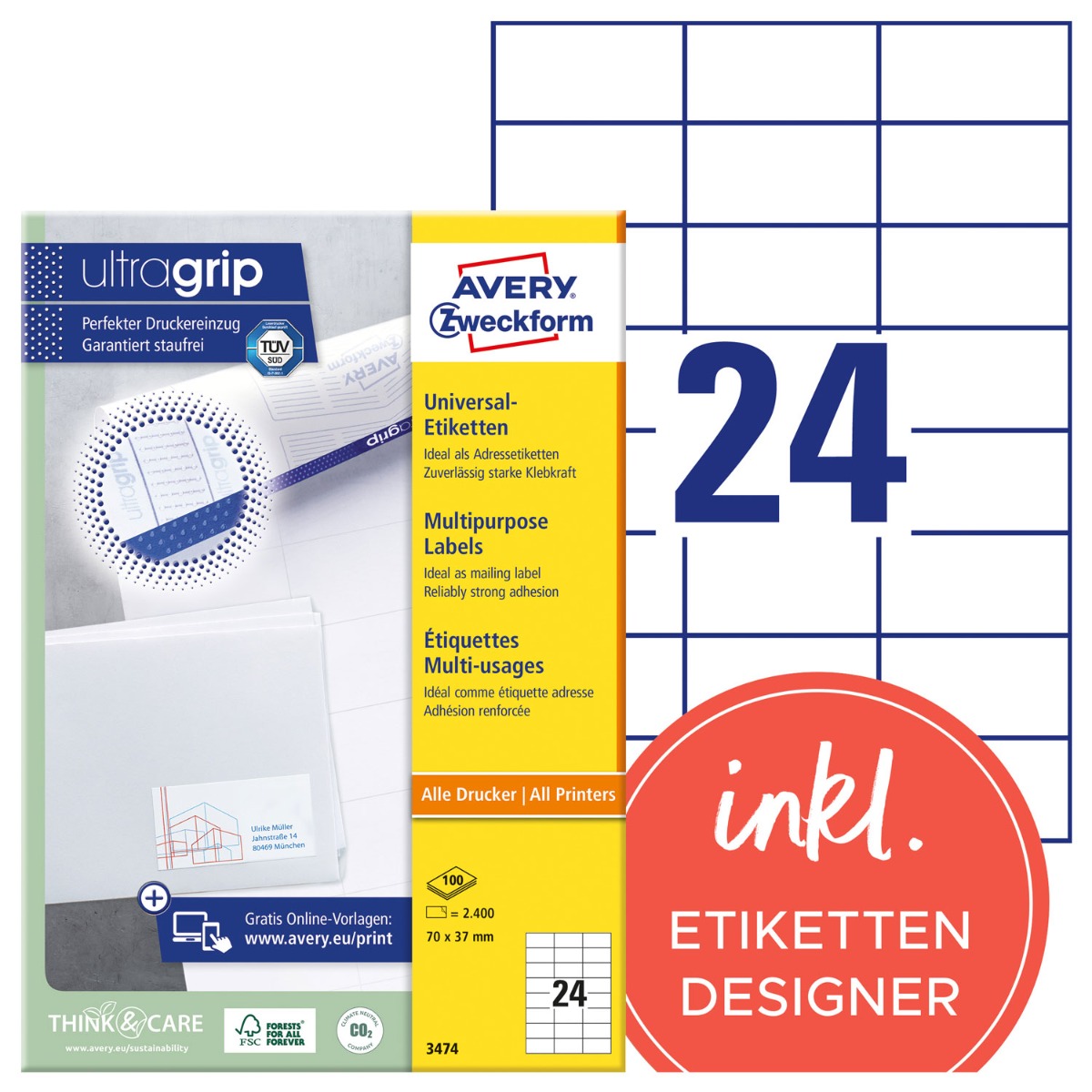 Avery Zweckform Labels Avery 70 x 37mm White (3474)