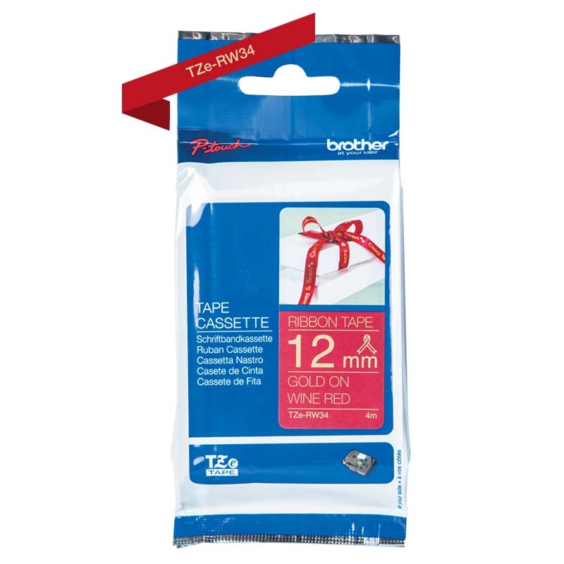 Brother TZe-RW34 Schriftband P-touch Textil gold auf weinrot 12mm